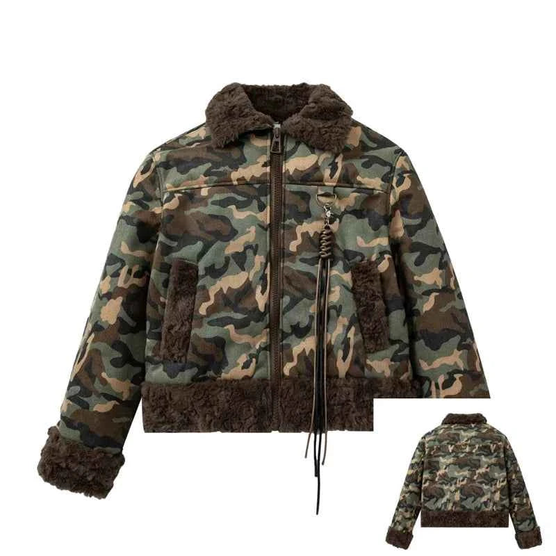 Women Camouflage Short Padded Winter Fur Jacket