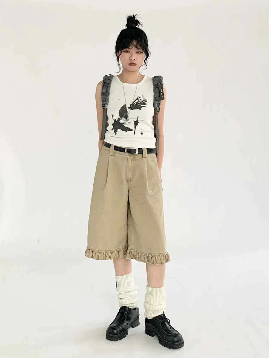 Chic Khaki Ruffled High Waist Jorts