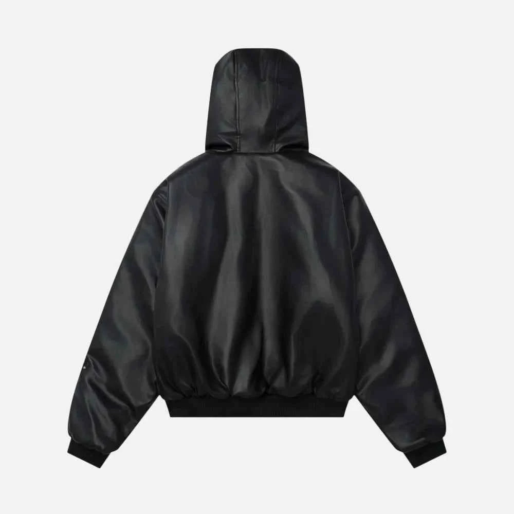 Retro Rivets Embroidery PU Leather Hooded Jacket