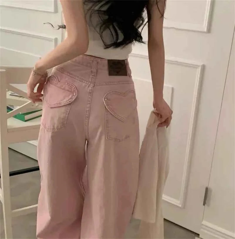 Women Retro High Waist Washed Loose Jeans