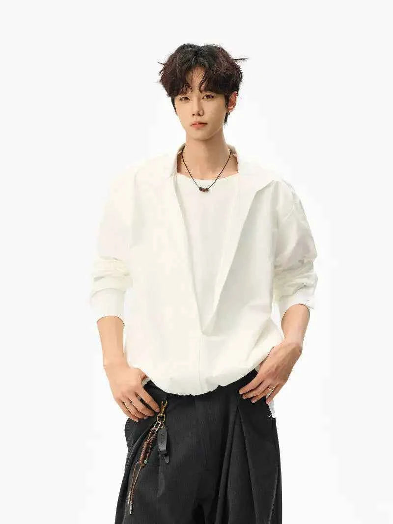 Elevated Lapel Fake Two Piece Long Sleeve Shirt