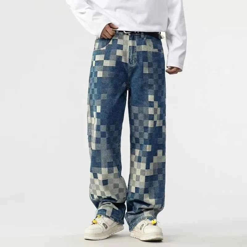 Vibrant Mosaic Checkerboard Printed Jeans