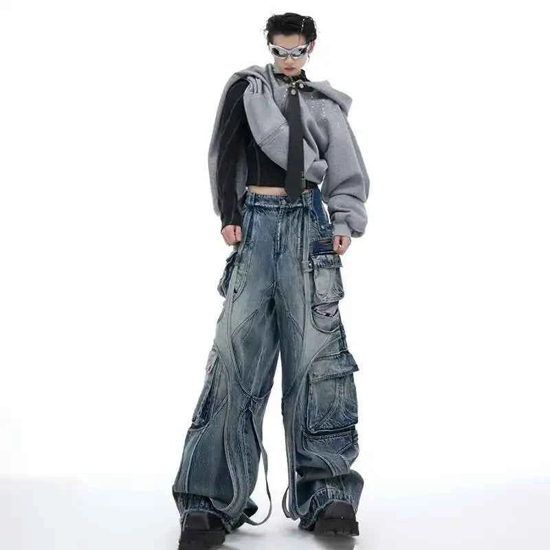 Patchwork Irregular Ribbon Wide Leg Baggy Jeans
