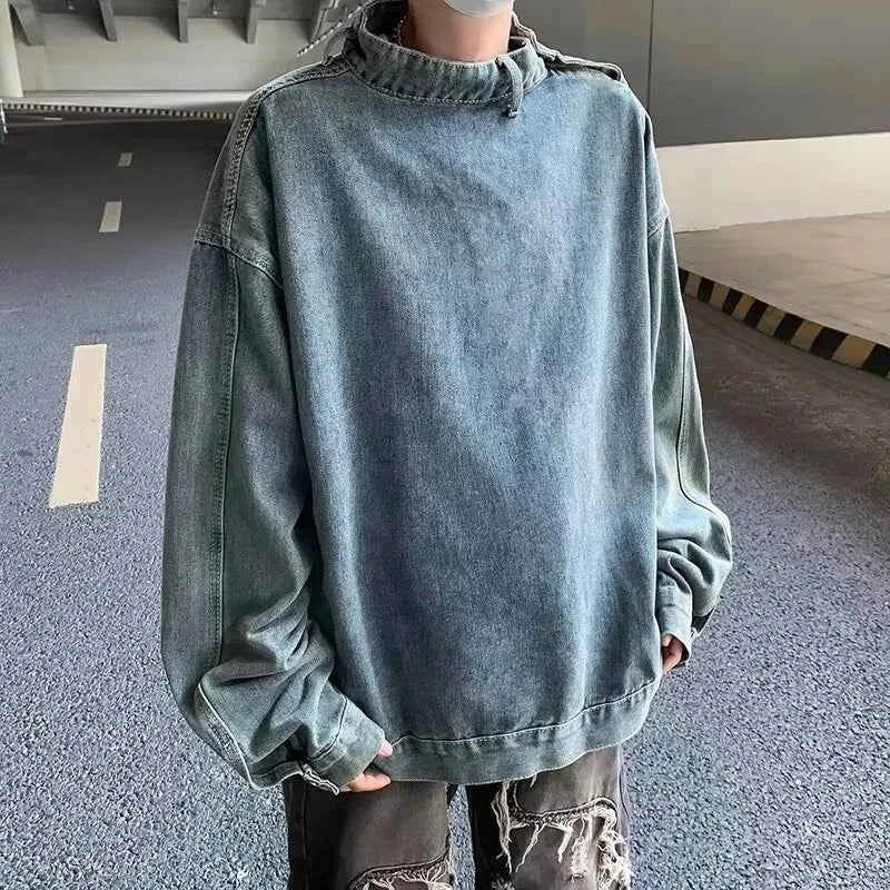 Streetwear Korean Style Stand Collar Denim Sweatshirt