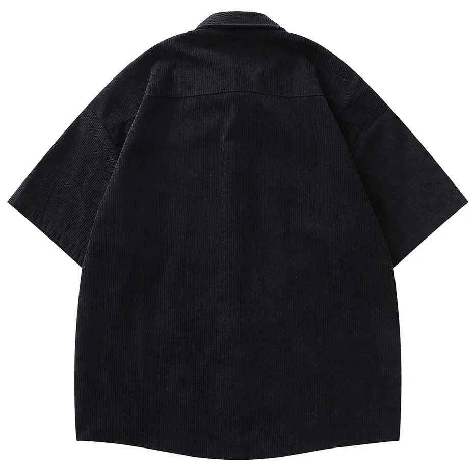 Rose Embroidery Corduroy Button-Up Short Sleeve Shirt