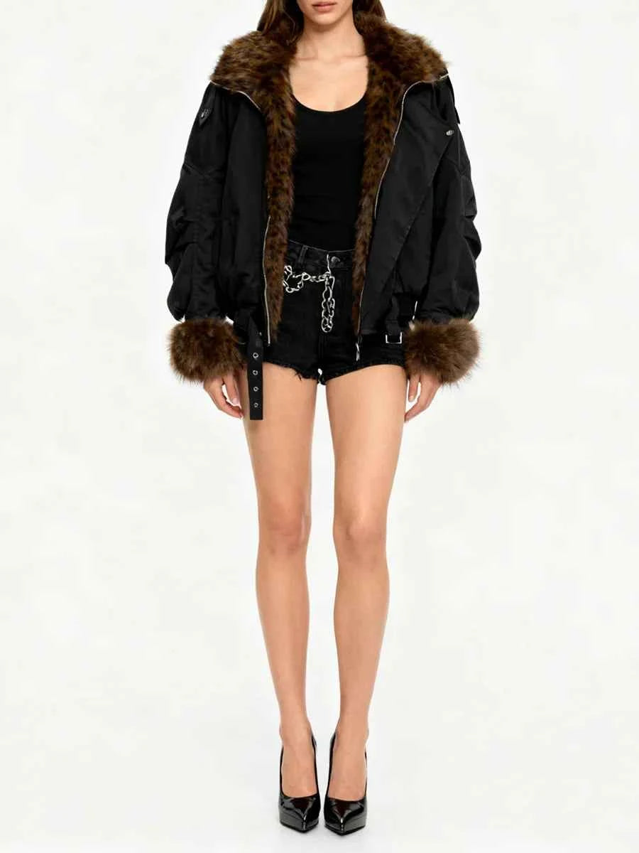 Leopard Spliced Lapel Faux Fur Belted Jacket