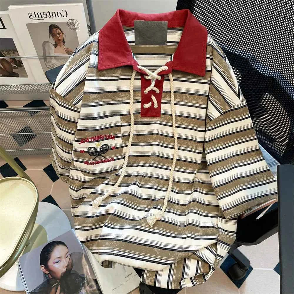 Vintage Striped Patchwork Lace-Up Polo T-Shirt