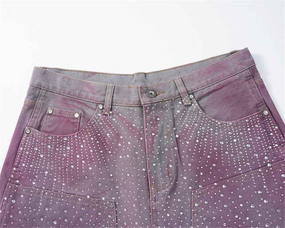 Streetwear Retro Rhinestone Distressed Denim Short