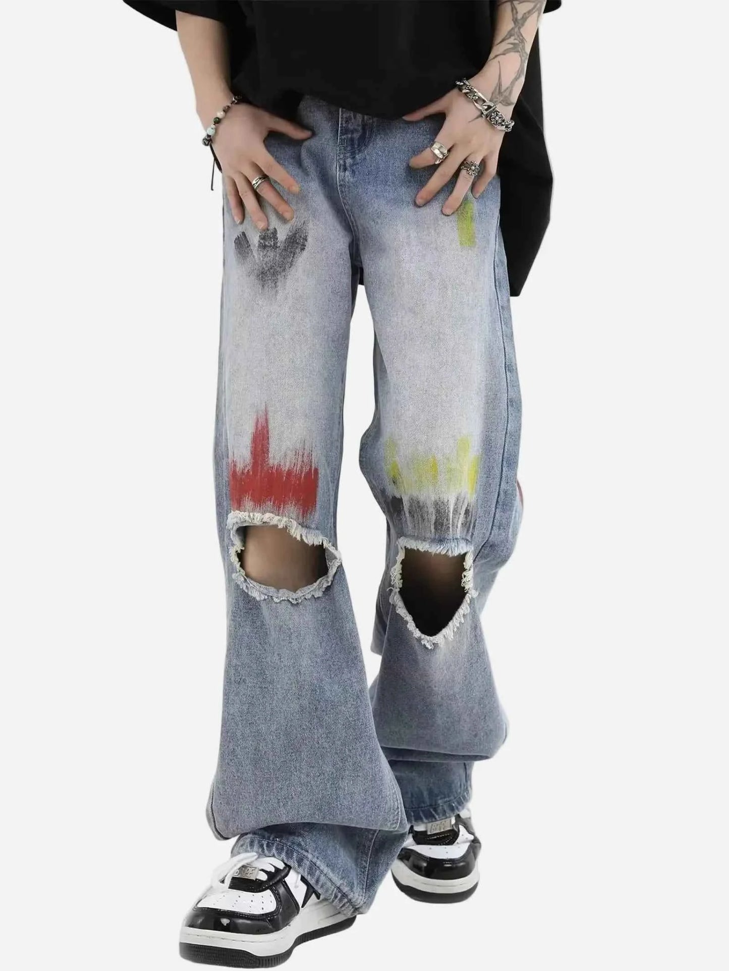 Trendy Blue Washed Ripped Straight Leg Jeans