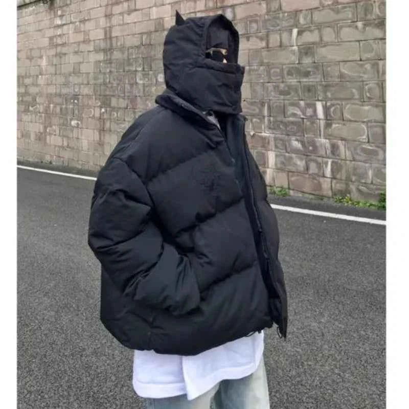 Warm Black Masked Neckline Hooded Puffer Jacket