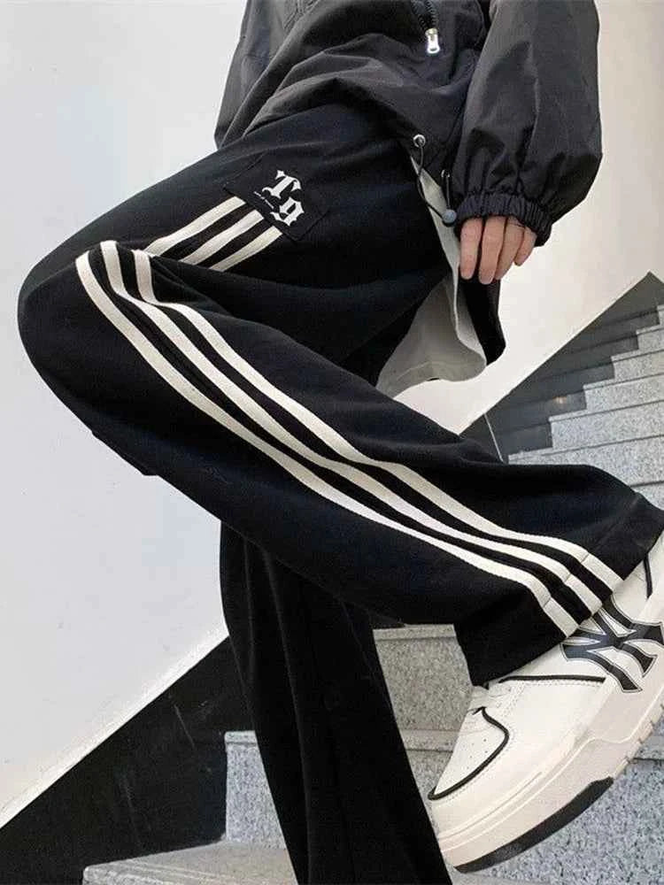 Casual High Waist Striped Black Sweatpants