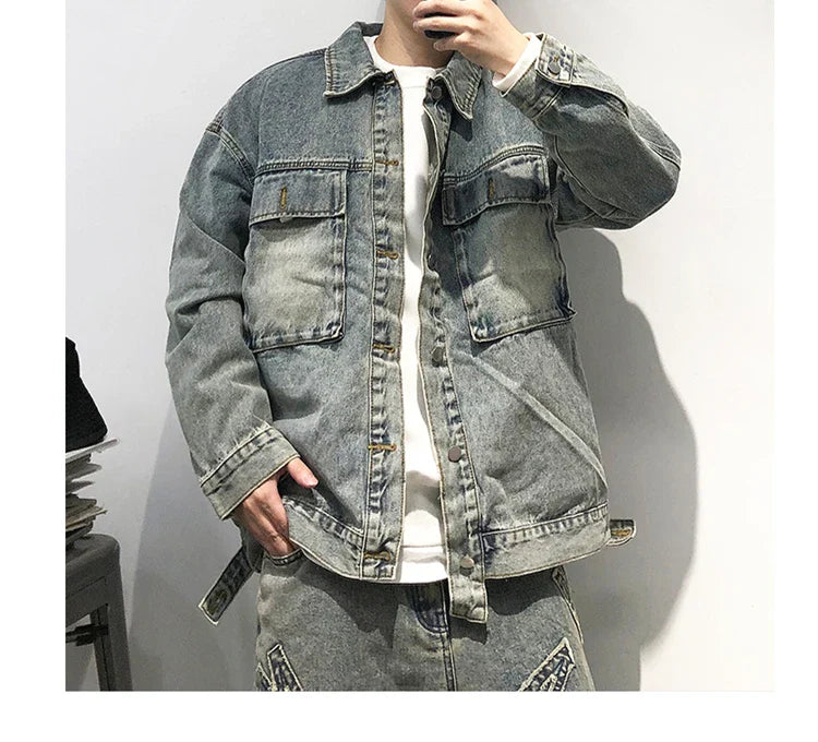 Tied Die Lapel Button Up Jean Jacket