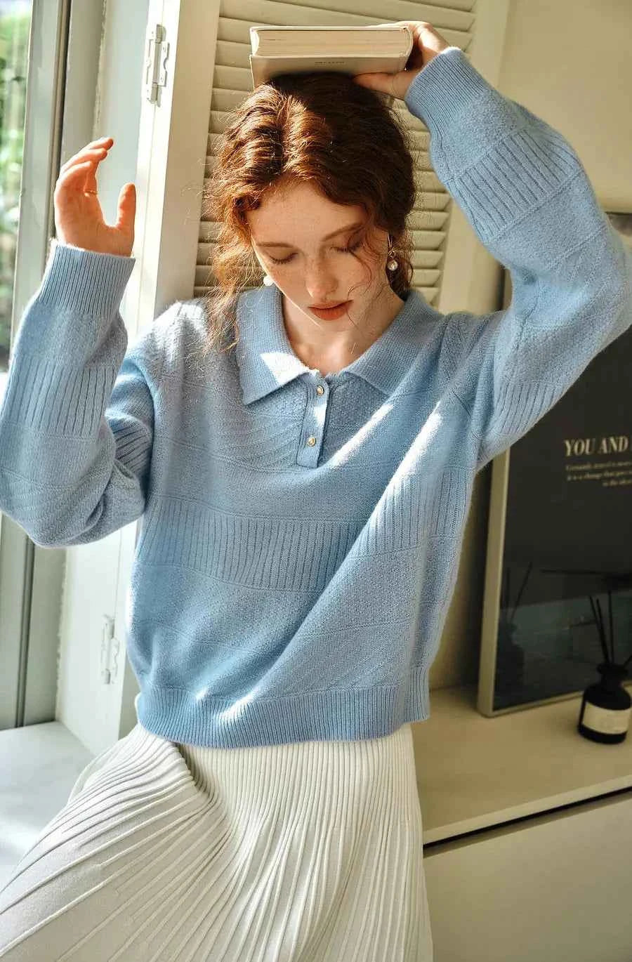 Breathable Blue Knitted Classic Polo Sweater