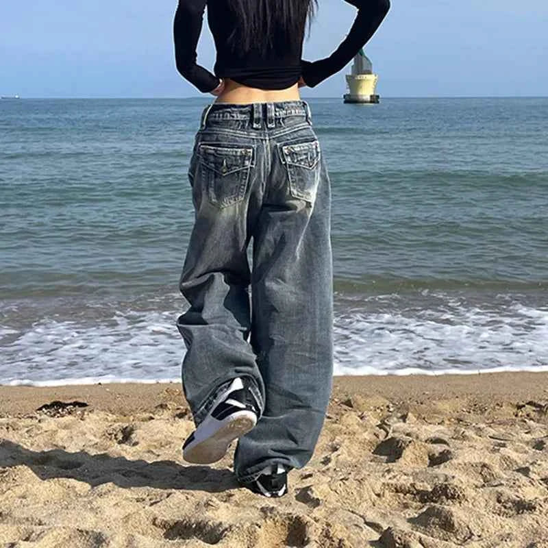 Versatile Streetwear Blue High Waisted Wide Leg Jeans