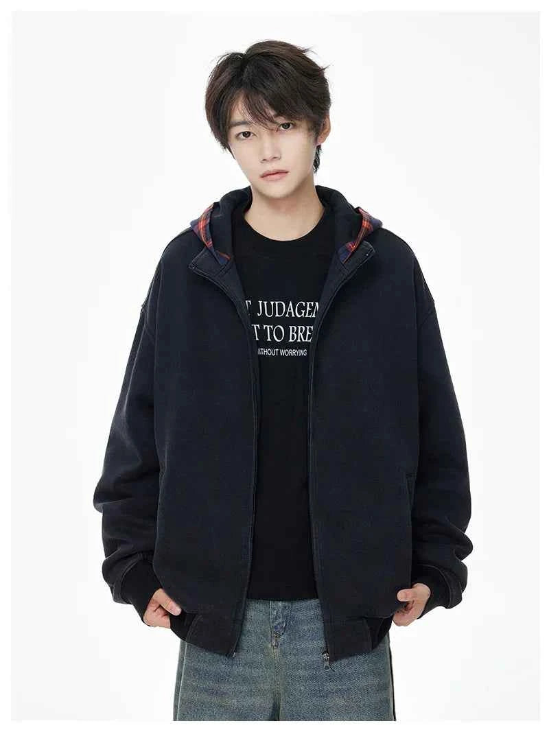 Vintage Streetwear Plaid Zipper Cool Hooded Sweatshirt