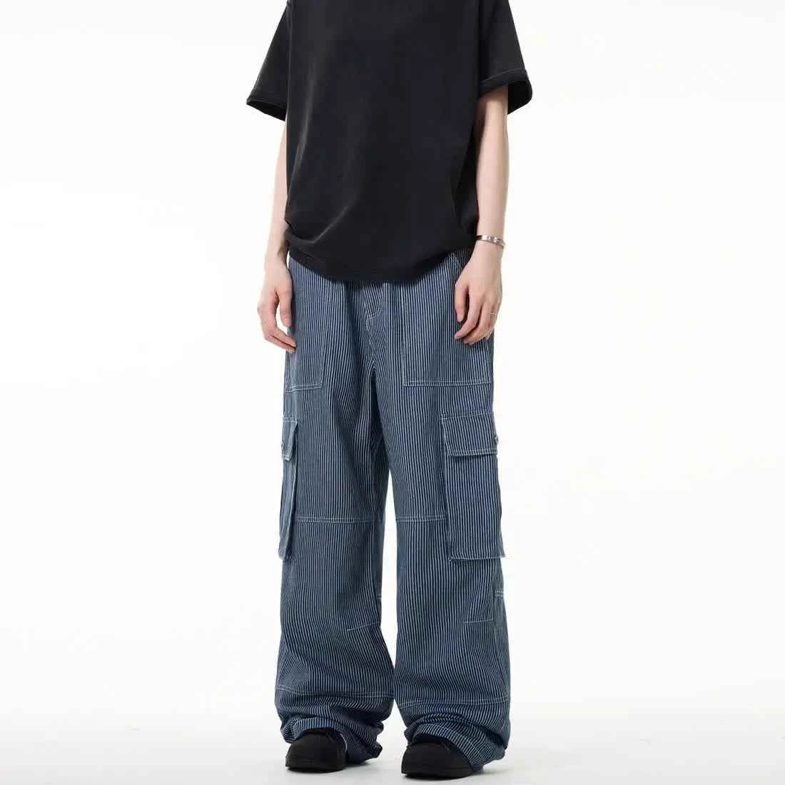 Vintage American Style Striped Cargo Jeans