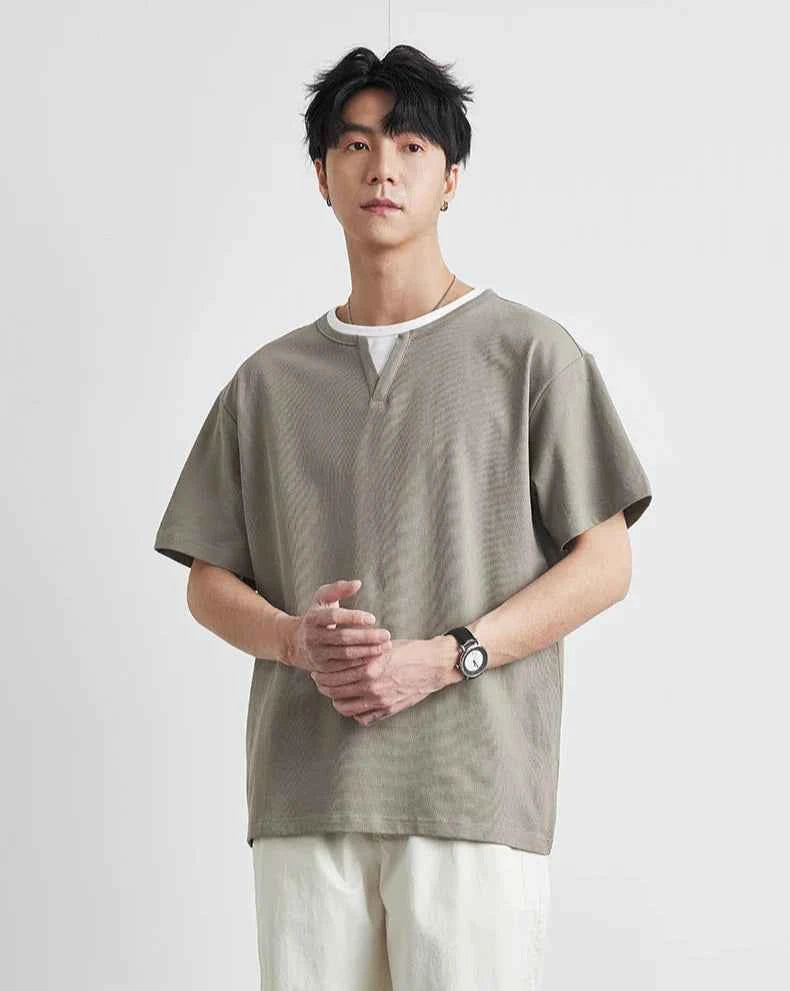 Korean Style Solid Color Loose Fit V-Neck T-Shirt