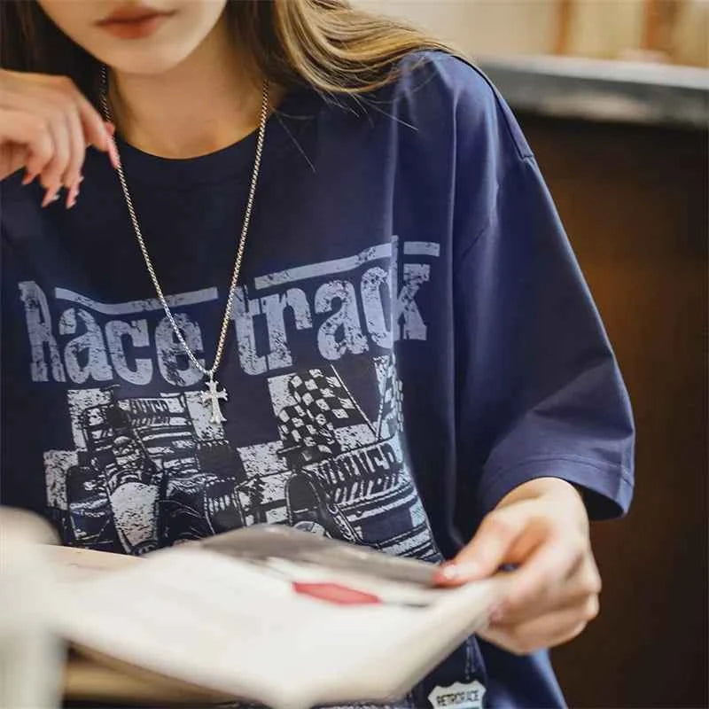 Vintage Casual Racing Print T-Shirt