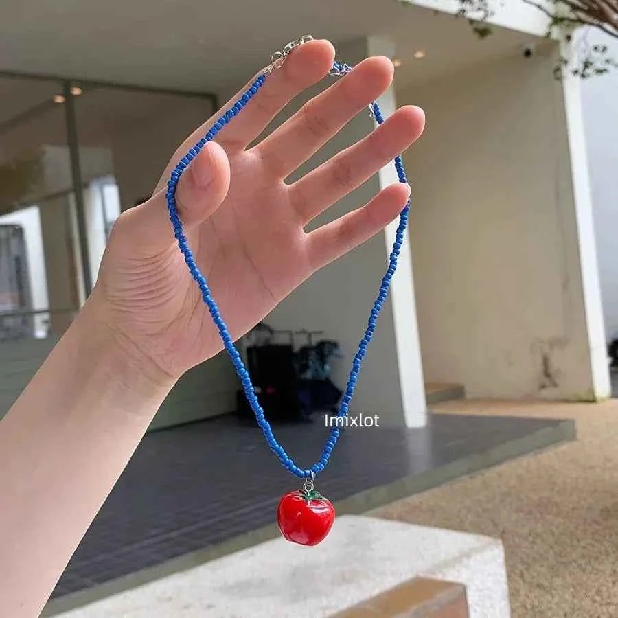 Blue Beaded Tomato Pendant Chain Necklace