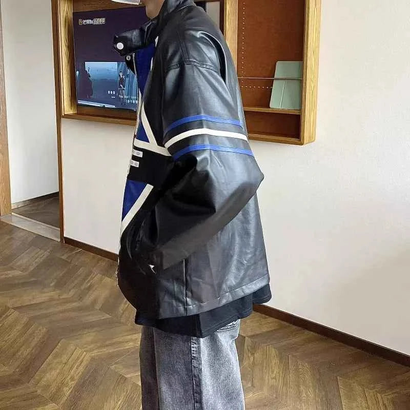 Trendy Vintage Racing Leather Zipper Jacket