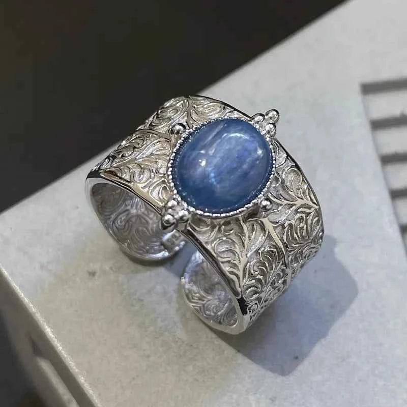 Blue Stone Leaf Flower Silver Ring