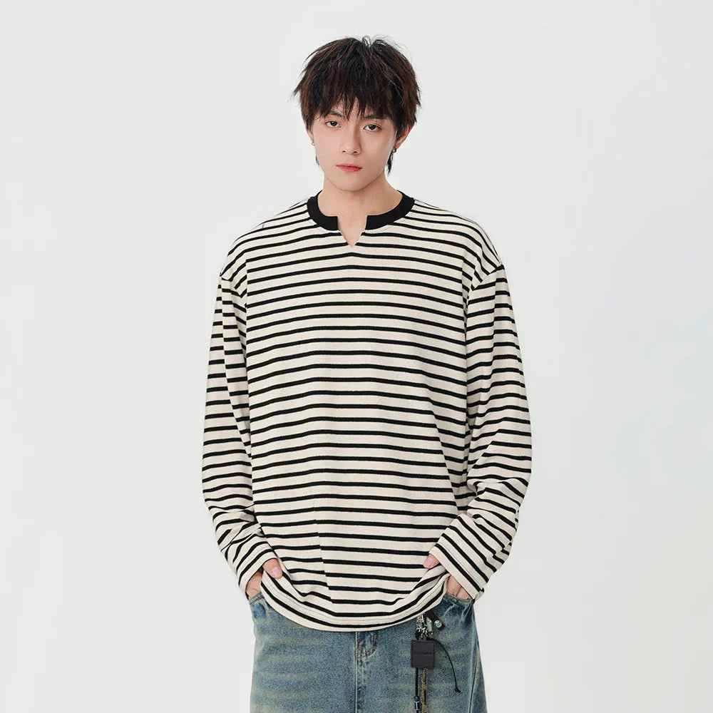 Striped Notch Neck Casual Long Sleeve T-Shirt
