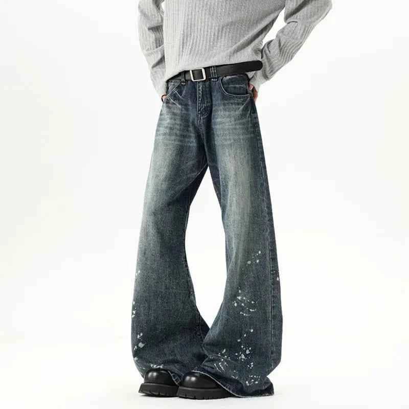 Streetwear Ink Splash Wide Leg Washed Denim Jeans