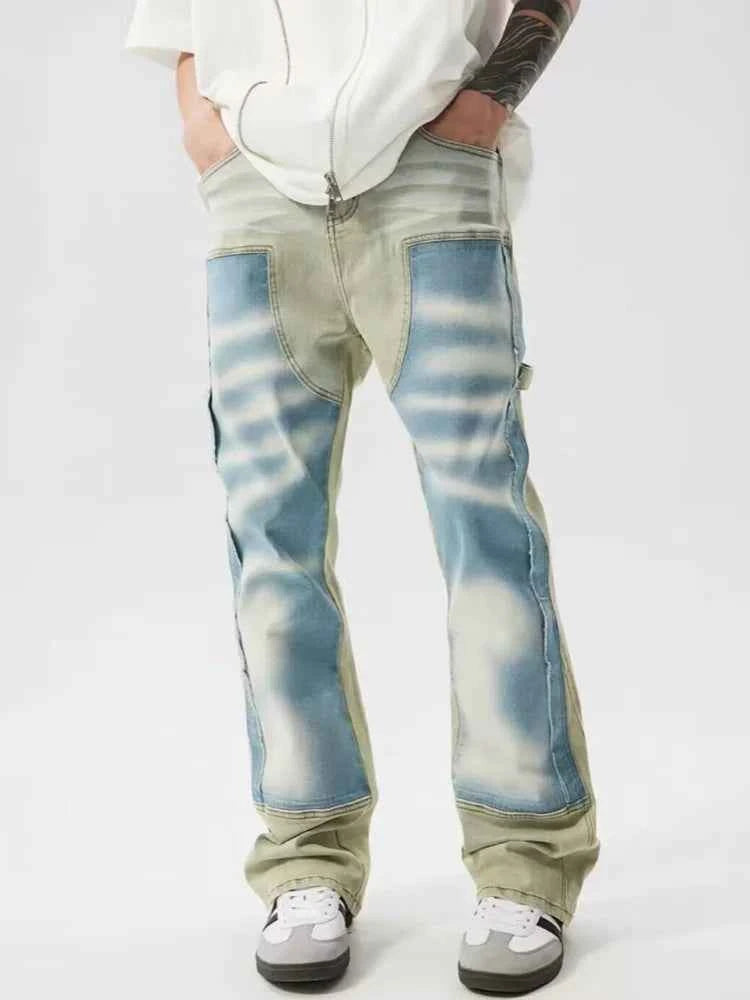 Blue Patchwork Baggy Stacked Wide Leg Flow Jeans