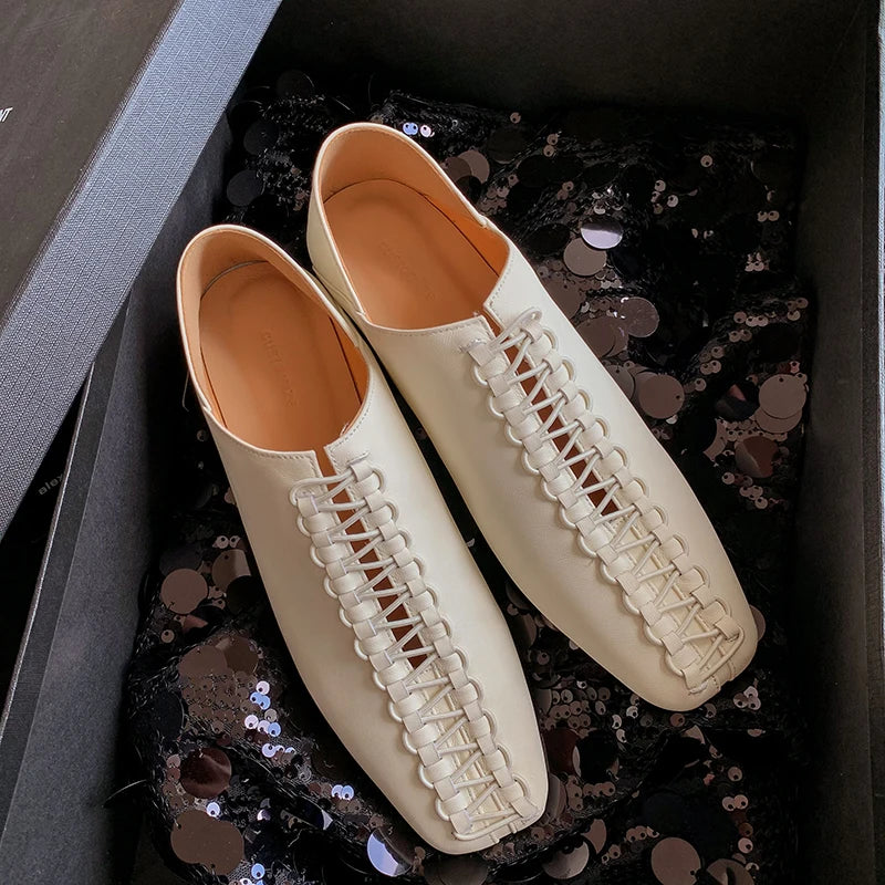 2025 Spring Summer New Women Low Heel Square Toe Basic Casual Working Comfortable Flats Soft Genuine Leather Shoes Woman Concise