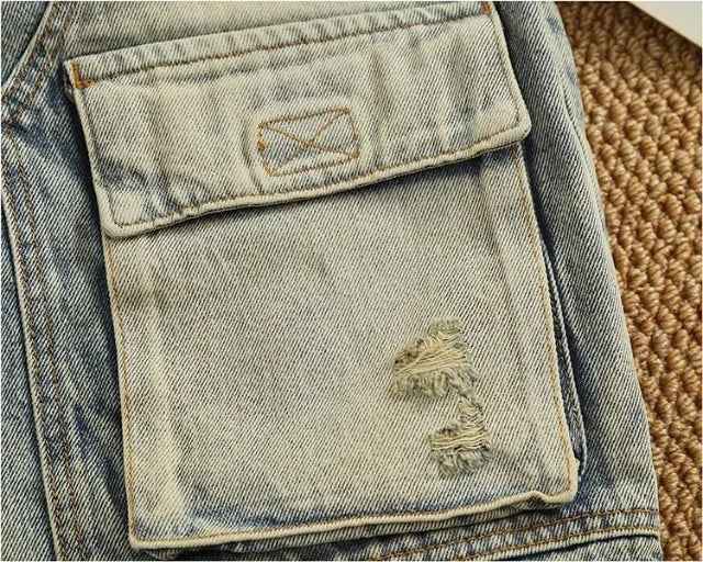 Streetwear Distressed Ripped Denim Cargo Short