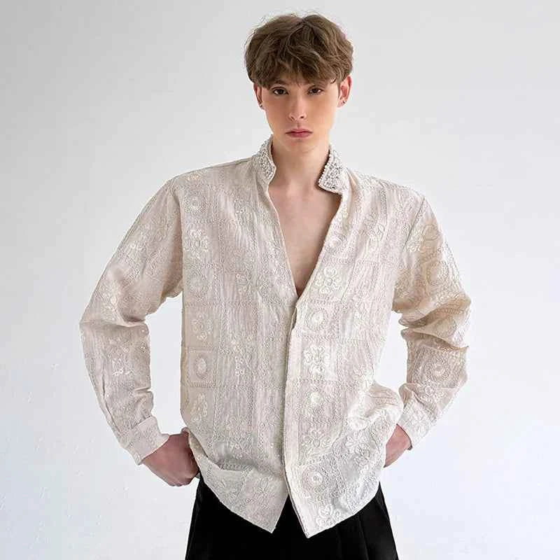 Luxury Pearl Patchwork Long Sleeve Shirt