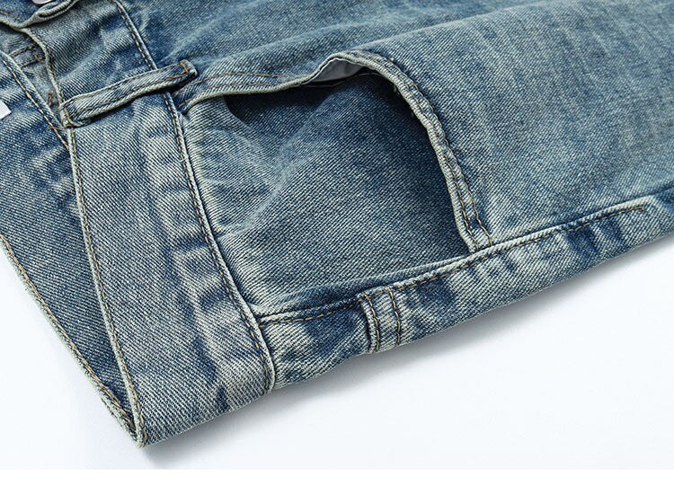 HTH Flame Embroidery Blue Denim Pants