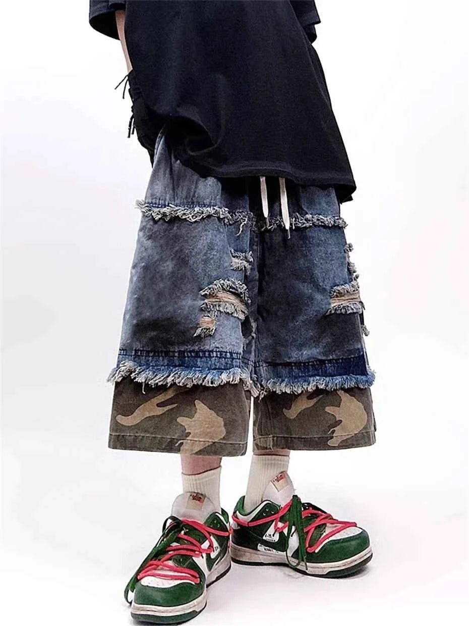 Retro Camouflage Splicing Denim Jorts
