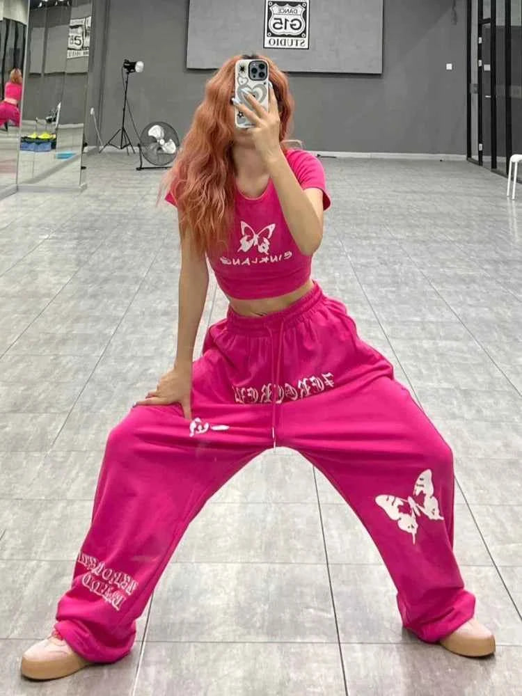 Pink Y2K Bufferfly Pattern Wide Leg Sweatpants