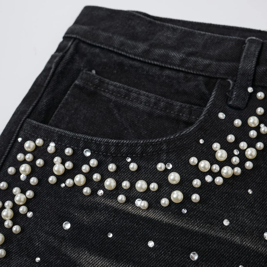 Streetwear Unisex Pearl Denim Shorts