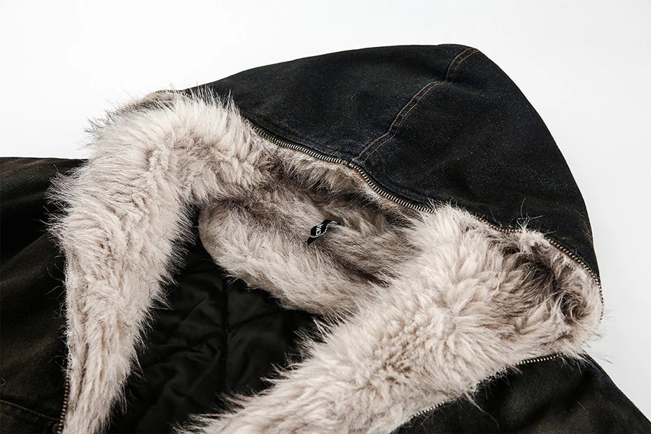 Coal Black Washed Fur Hooded Jacket