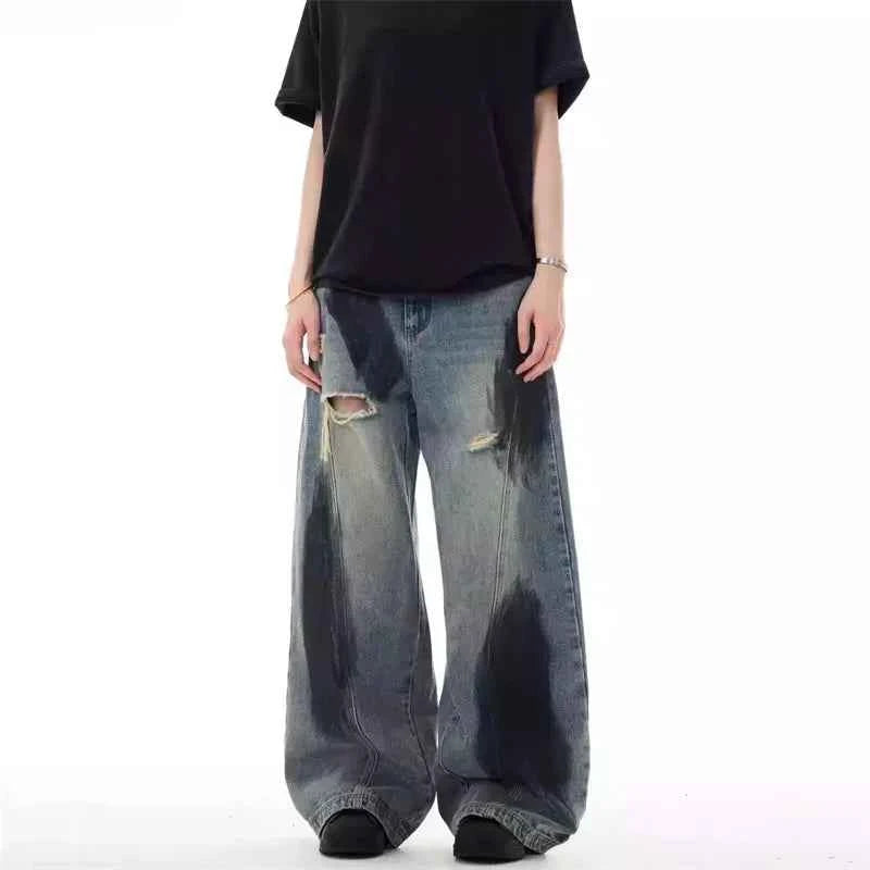 Vintage Streetwear Ripped Straight Wide Jeans