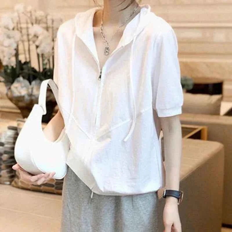 Stylish White Zipper Short Sleeve Summer T-Shirt