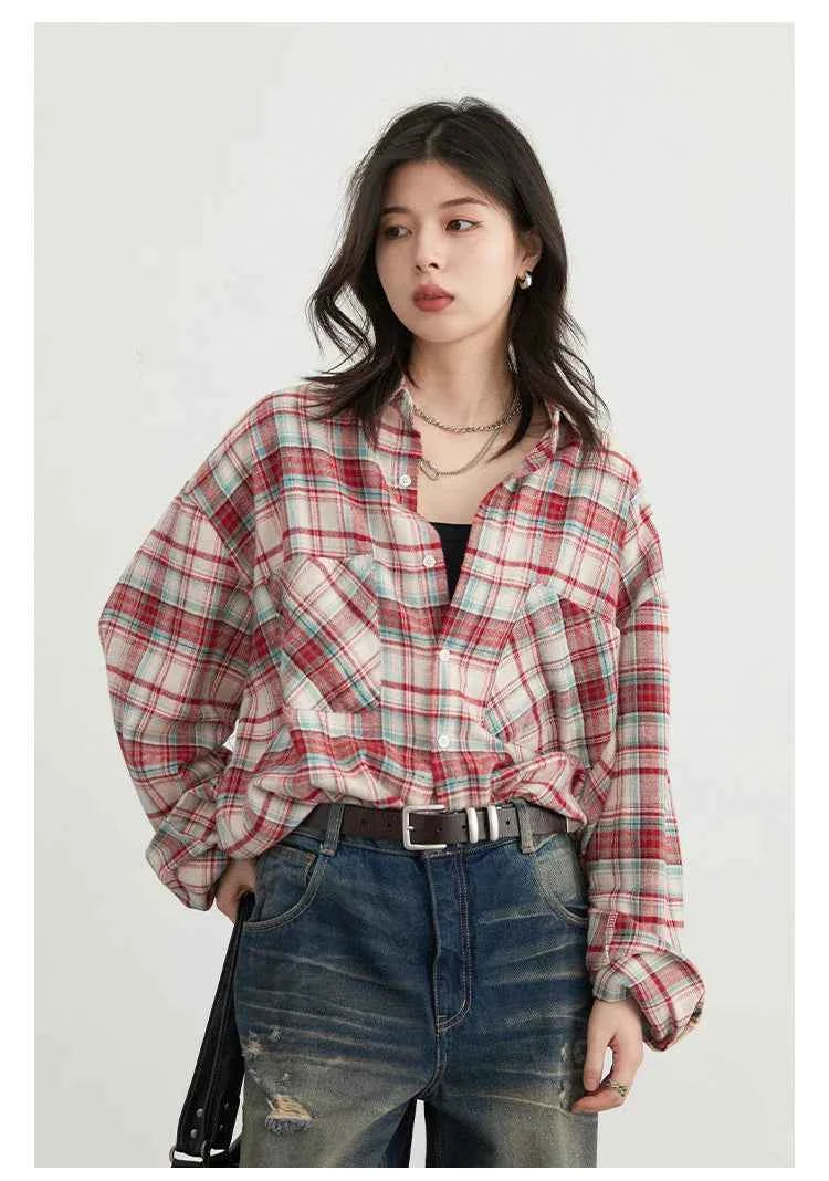 Women Streetwear Cool Color Blocked Grid Chic Cotton Shirt