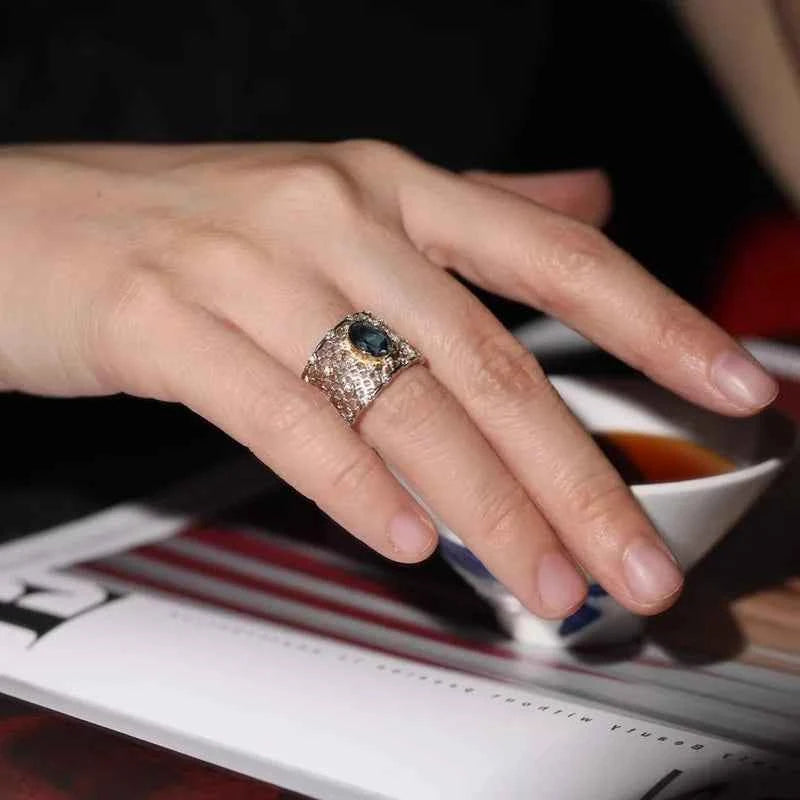 Blue Stone Geometric Open Finger Ring