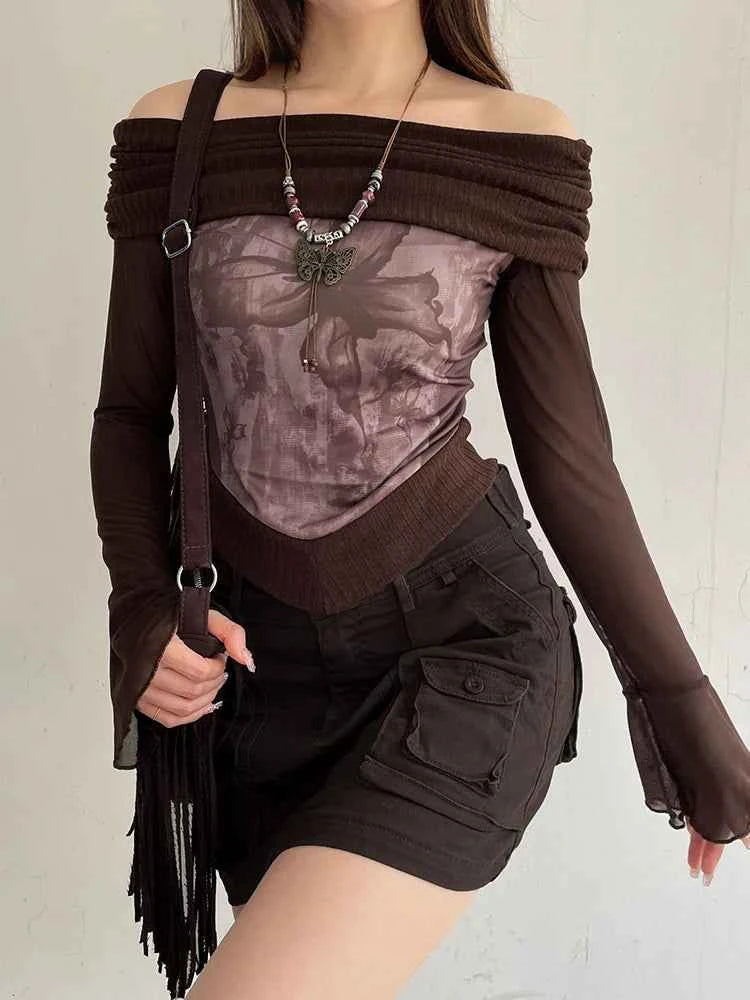 Vintage Floral Patchwork Slash Neck T-Shirt