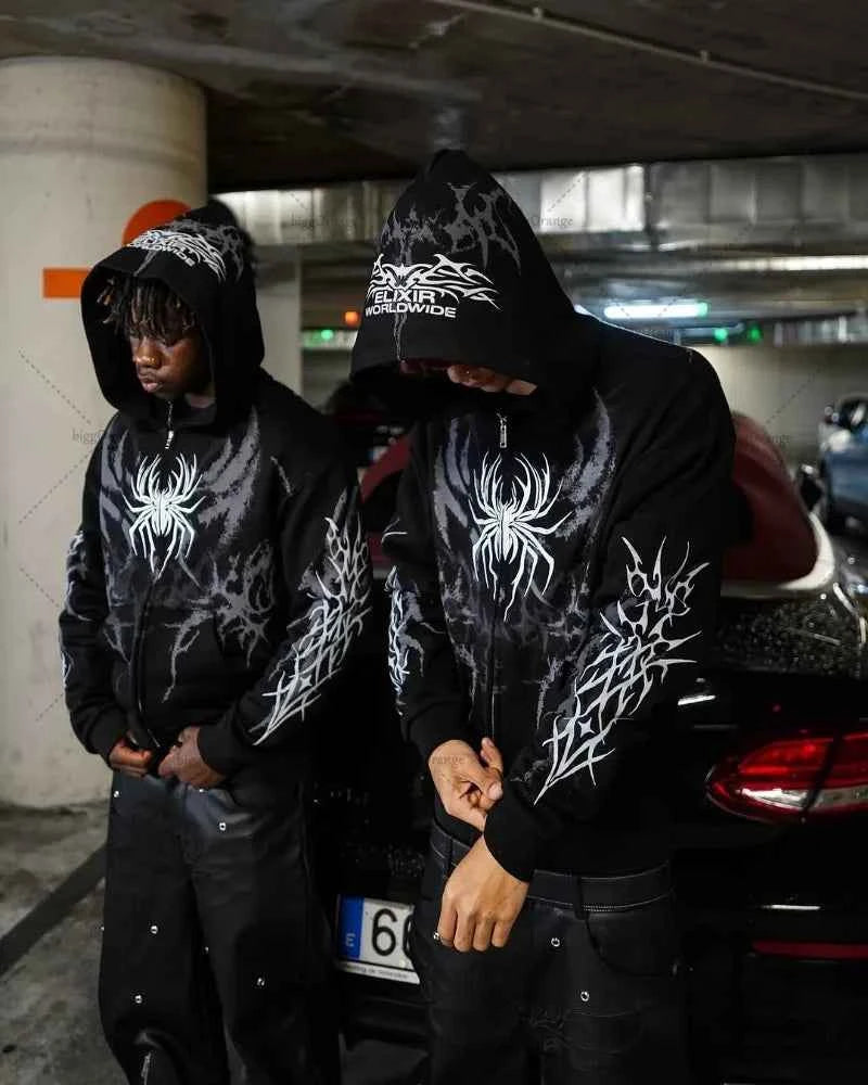Spider Design Retro Punk Zipper Sweatshirt