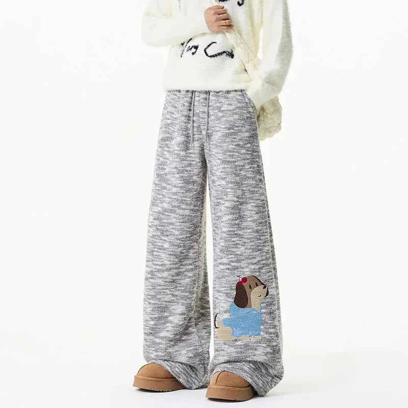 Winter Embroidery Cartoon Pattern Elastic Sweatpants