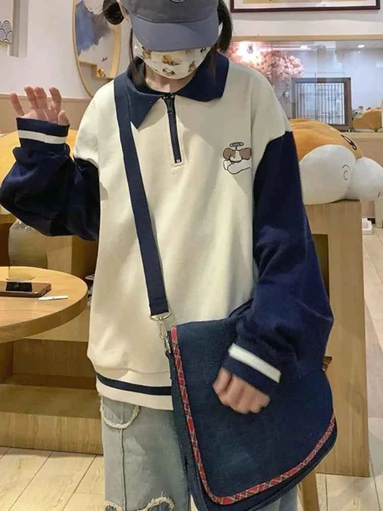 Vintage Patchwork Japanese Dog Embroidered Sweatshirt
