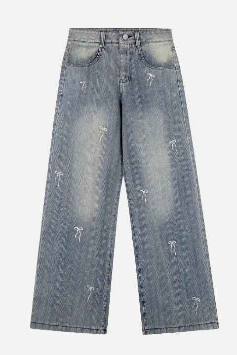 Embroidered Bow Loose Wide Leg Jeans