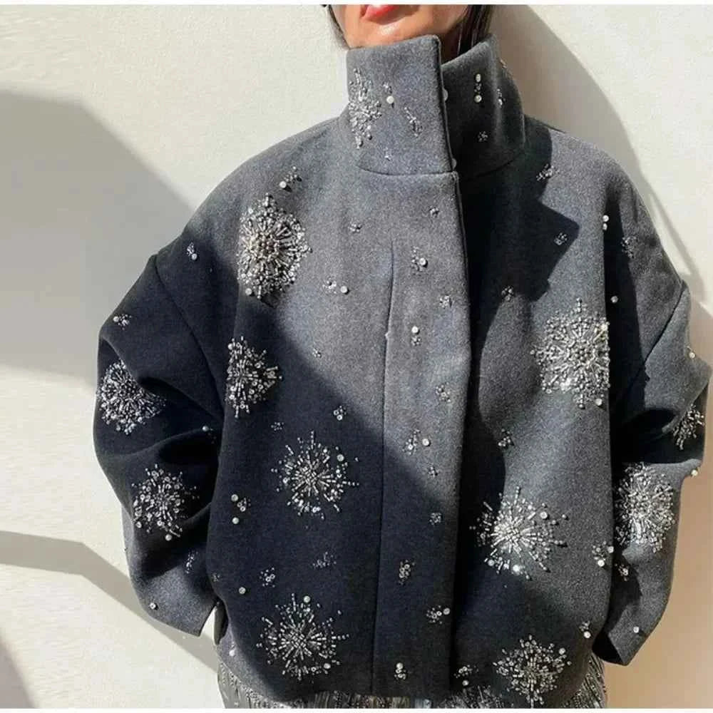 Relaxed Diamond Spliced Loose Stand Neck Jacket