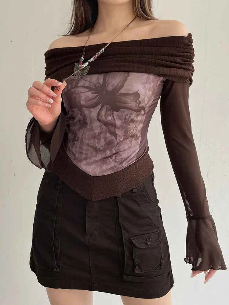 Vintage Floral Patchwork Slash Neck T-Shirt