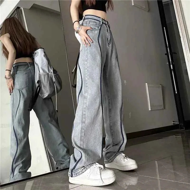 High Waisted Panelled Straight Leg Jeans