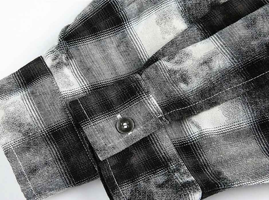 Streetwear Retro Plaid Distressed Tie Dye Long Sleeve Shirt