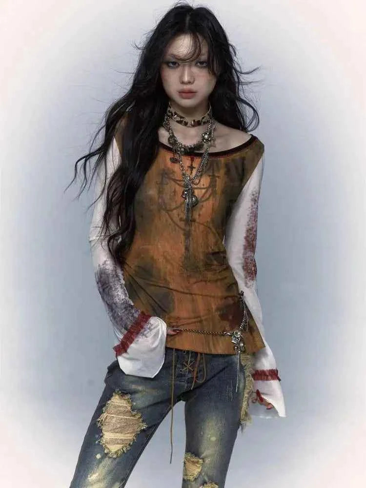 Gothic Patchwork Mesh Long Sleeve T-Shirt